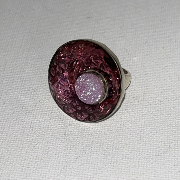 NWOT Sterling Silver Genuine Pink Quartz Druzy Gemstone Ring Designer Sajen Boho - Picture 4 of 14
